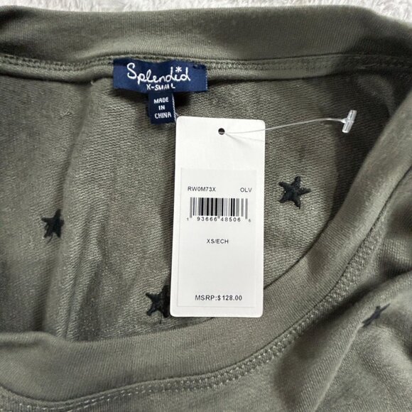 Splendid Women Olive Green Embroidered Star Long Sleeve Crewneck Top XS New $128 - Picture 3 of 8